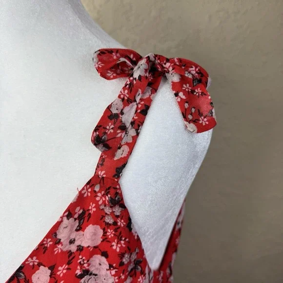 Zara Babydoll Maxi Sundress Red Floral V Neck Sleeveless Size M Coquette Fairy - Picture 5 of 15